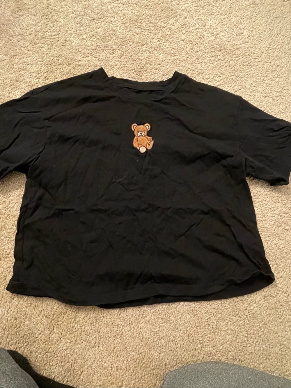 Black Short Sleeve Tee with Brown Teddy Embroidery